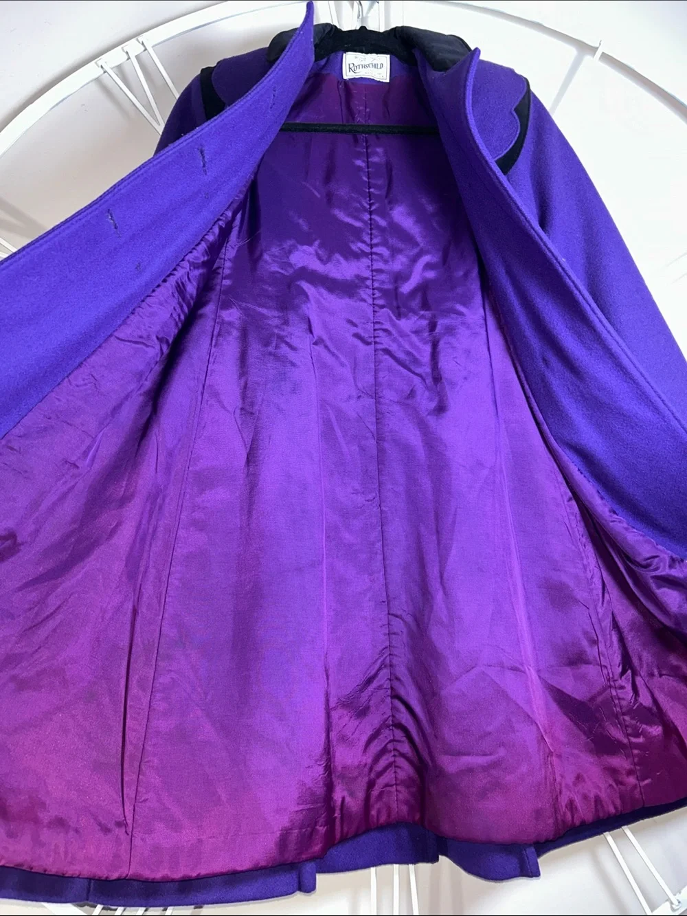 Vintage Rothschild Vibrant Purple Double-Breasted Wool Coat with Black Trim